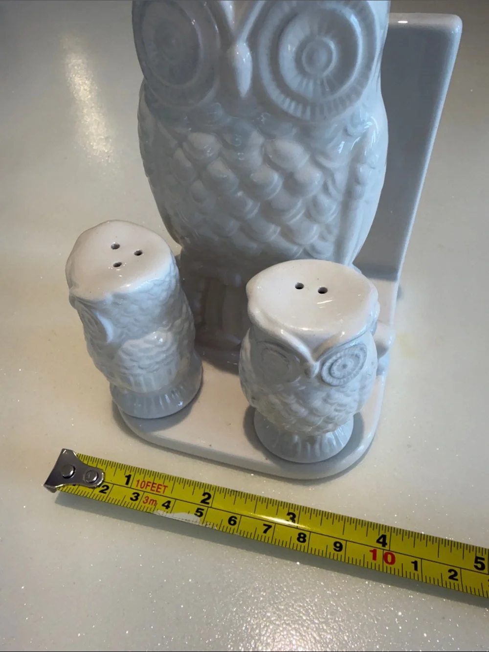 Vintage White Owl Salt and Pepper Set with Napkin Holder